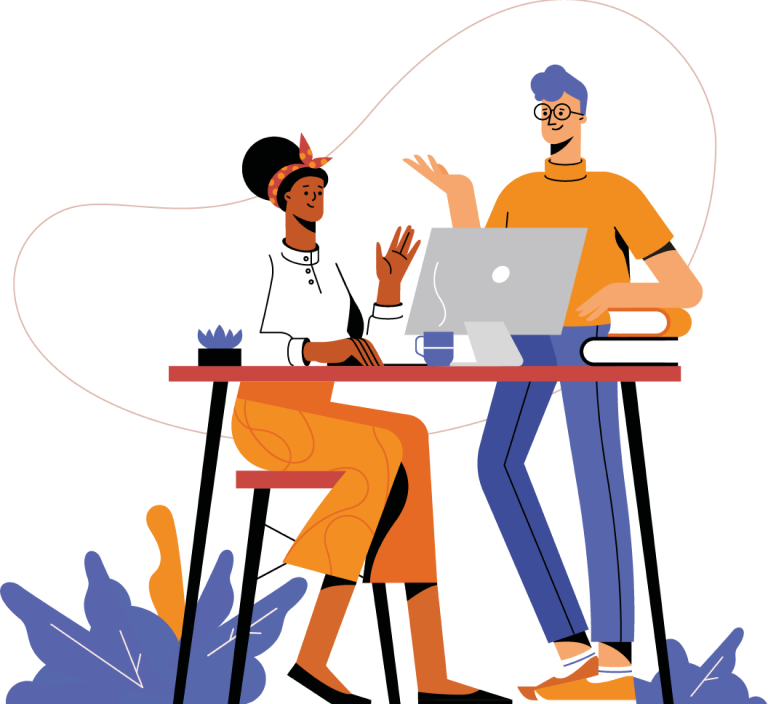 Drawing of two people around computer